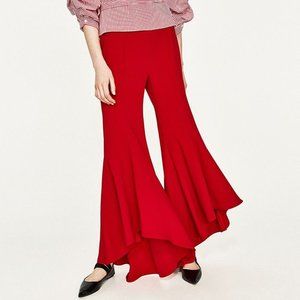 ZARA WOMAN RED FLARE LEG RUFFLE TROUSERS WITH HIGH WAIST